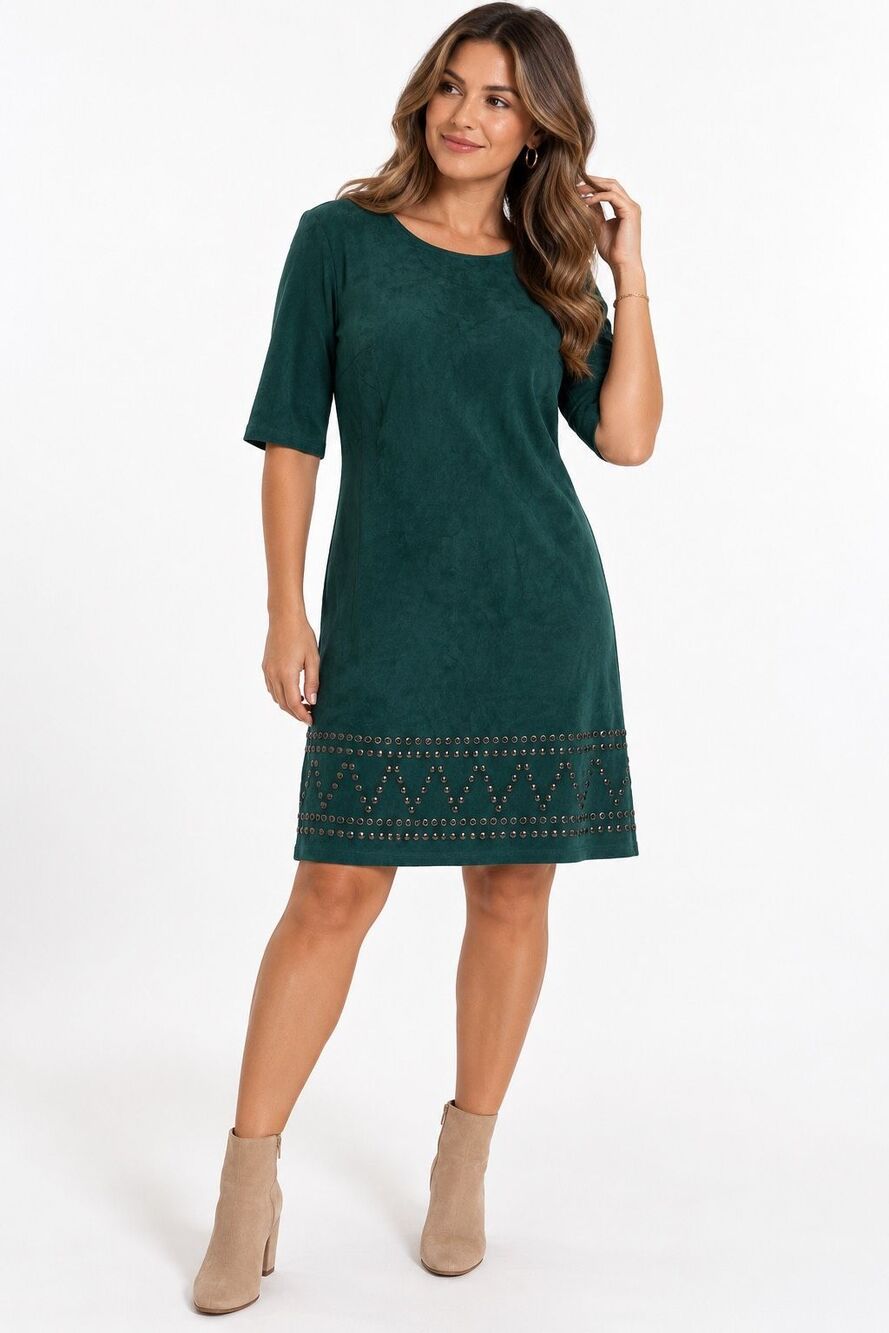 NWOT Spense Emerald Green Faux Suede Studded Shift Dress 3/4 Sleeve Size 6